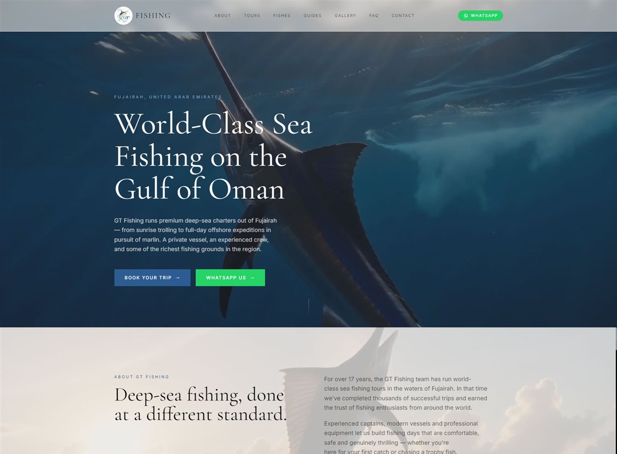 Скриншот сайта GT Fishing (gtfishing.ae): первый экран с видео и кнопками «Book your trip» и WhatsApp, блок о компании